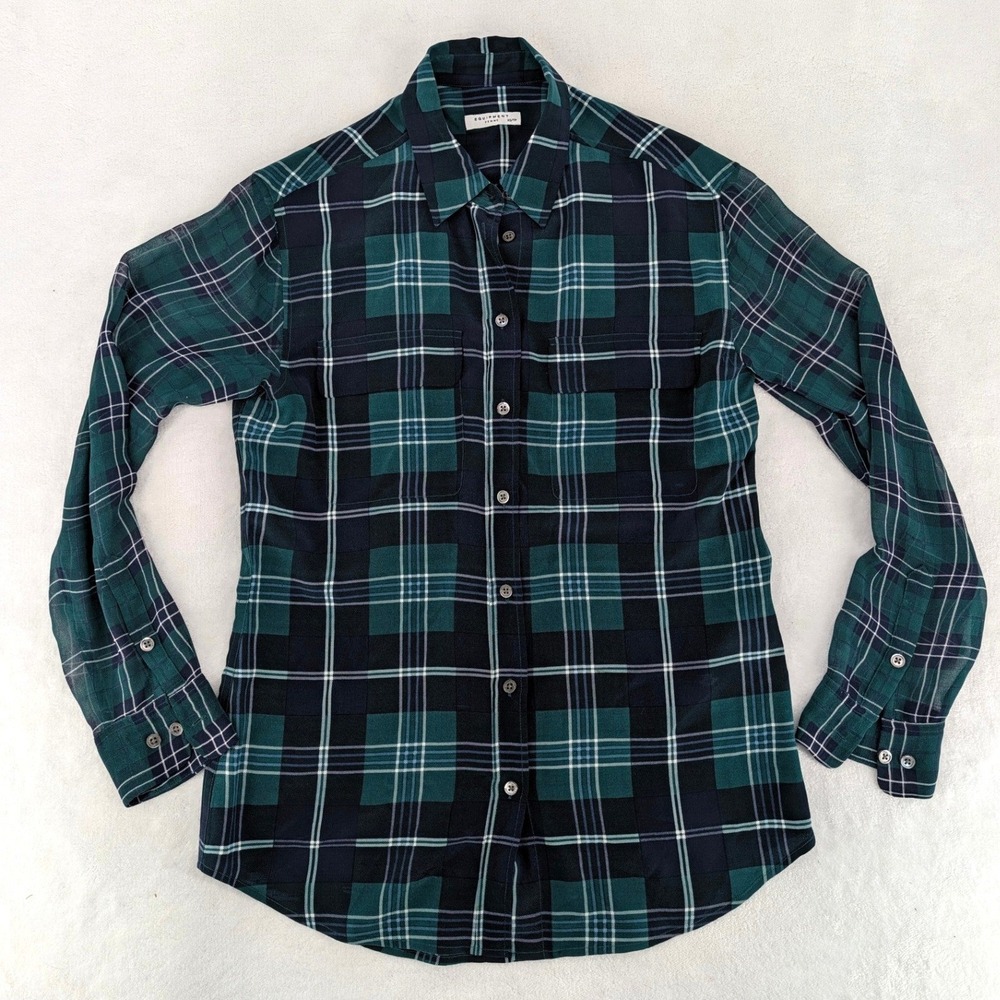 Equipment Femme 100% Silk Plaid Button Down Shirt Green Navy XS
